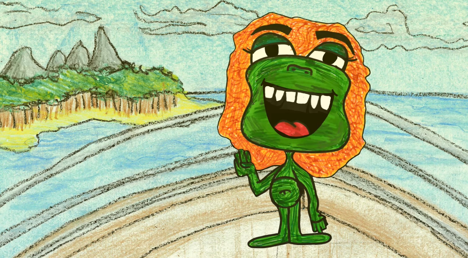 A drawing of a green character with red hair used to make an animation for the Don't Judge a Book by Its Cover project.