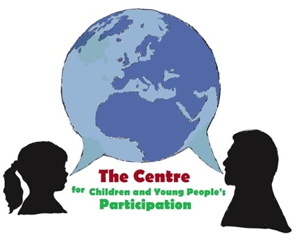 An image showing the logo of UCan. It shows silhouettes of two characters speaking into speech bubble. The speech bubble make up an image of earth, depicted in shades of blue. There is writing that reads The Centre for Children and Young People's Participation.